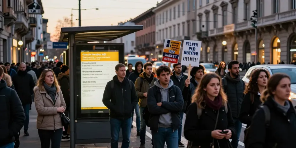 People at a bus stop during public strikes, displaying signs of support and emotions in Italy.
