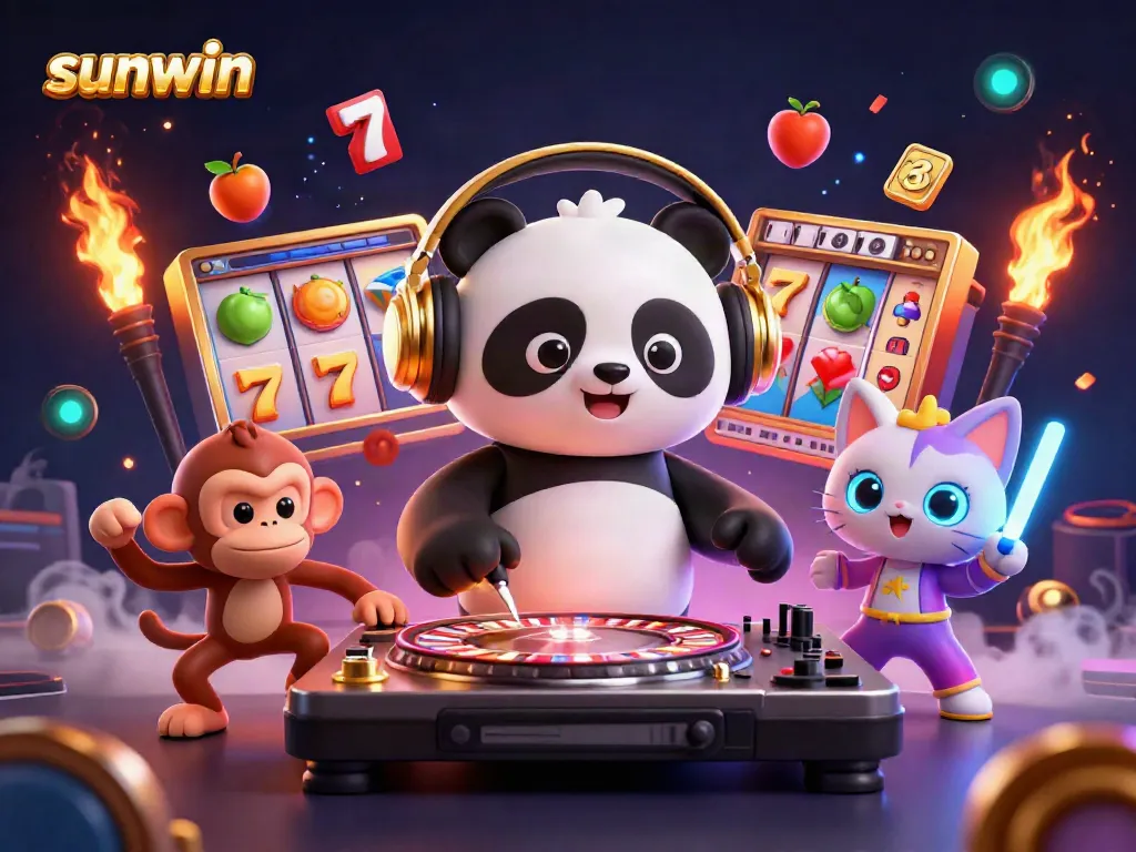 Experience the thrill of sunwin with a vibrant scene featuring a DJ panda and casino elements