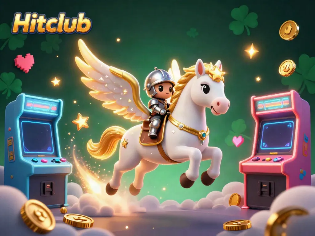 Experience Hitclub's unique gaming universe with vibrant arcade elements and a fantasy knight riding a celestial horse.