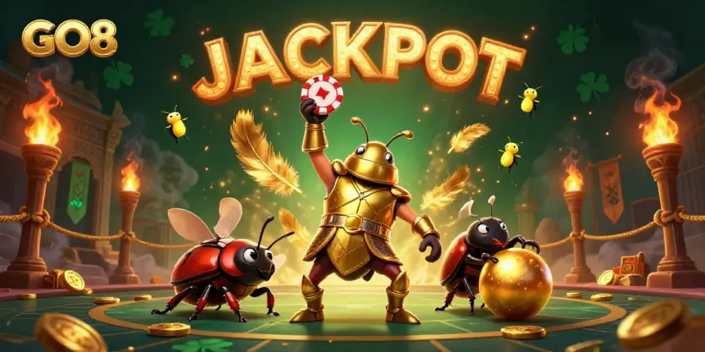 Join the GO8 experience as a victorious beetle character triumphs in an engaging casino scene surrounded by gaming elements.