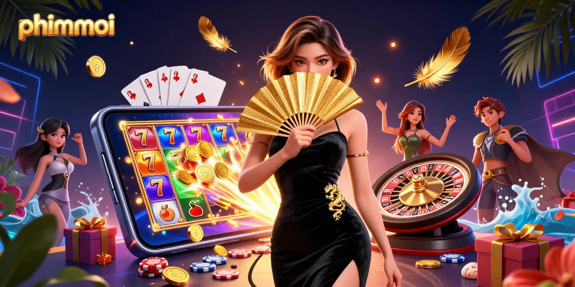 Win big with phimmoi in this vibrant casino scene featuring a stunning Asian woman and dynamic gaming elements.