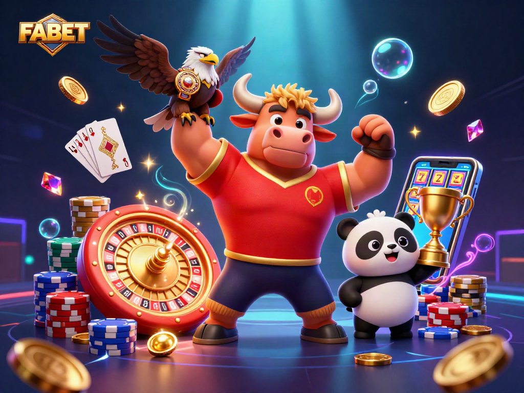 Experience thrilling wins with FABET at this vibrant 3D casino scene featuring dynamic game elements.
