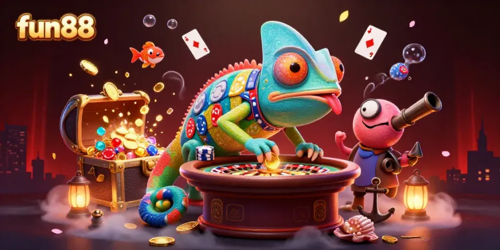 Experience fun88's vibrant online casino world with a dynamic chameleon casino owner capturing golden coins.