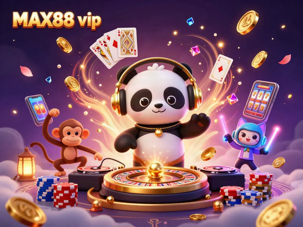 MAX88 vip engaging in casino games with vibrant characters, golden coins, and lively atmosphere