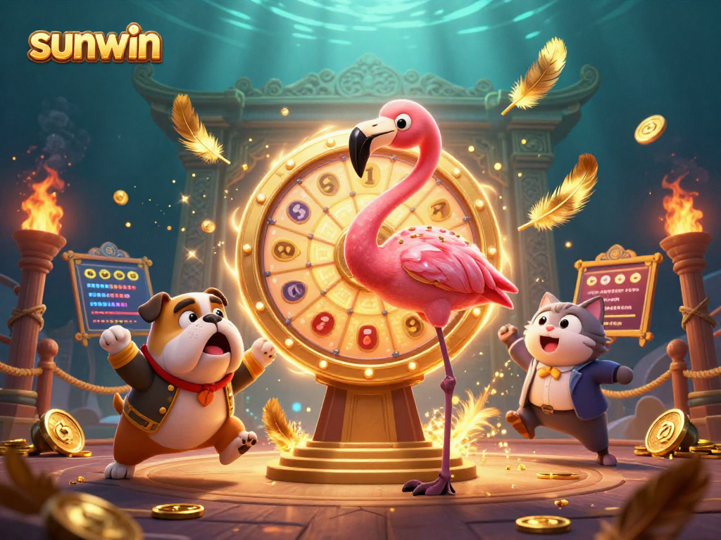 Engage with sunwin's vibrant gaming scene featuring a flamingo host, excited bulldog, and prize reveals.