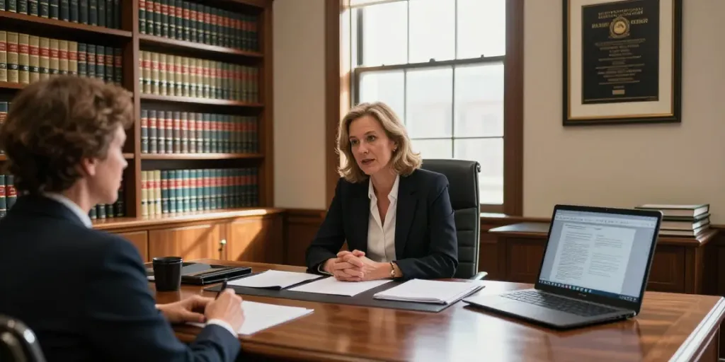 Karen McCleave attorney discussing legal matters in her professional office.