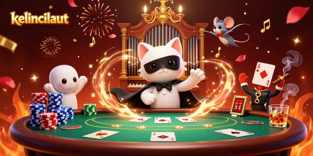 Experience thrilling gameplay at kelincilaut, with colorful poker chips and an acrobat in a vibrant casino scene.