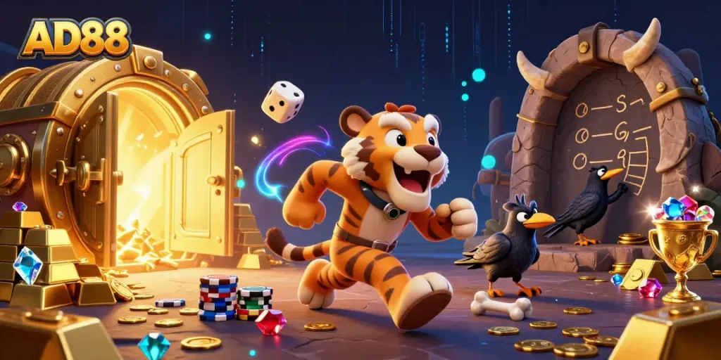 Experience the thrilling gaming world of AD88 with exciting prehistoric characters and casino elements.