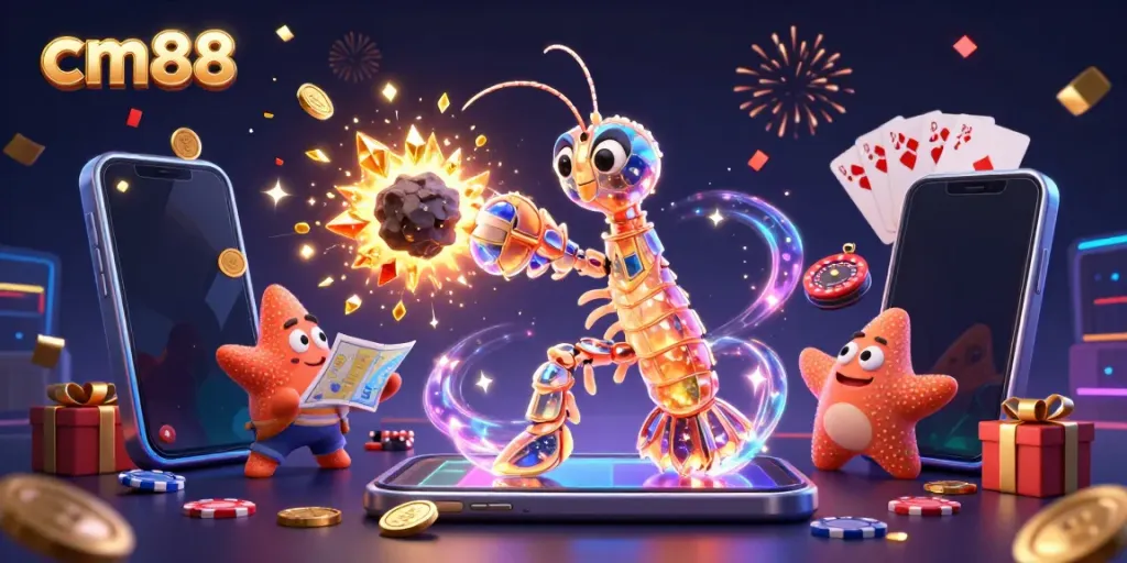 Spin vibrant slot reels for cm88 while a mantis shrimp bursts gems and coins in celebration.
