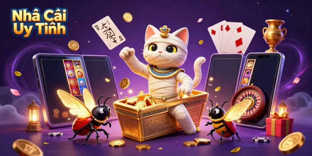 Experience thrilling gameplay at Nhà Cái Uy Tín with vibrant casino-themed illustration.