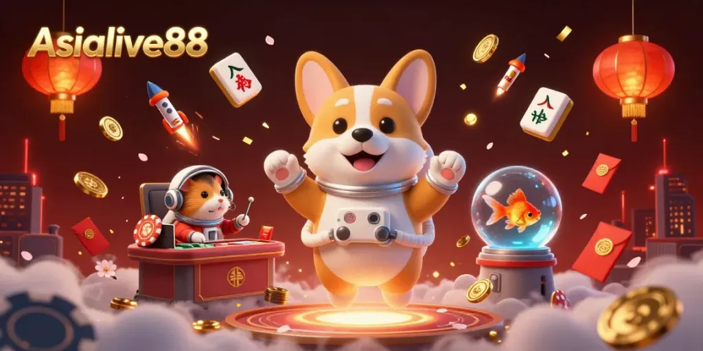 Experience the excitement of Asialive88 with a lively 3D scene featuring games and unique characters.