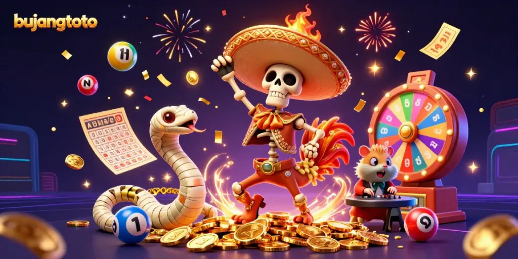 Celebrate winning with bujangtoto's dynamic casino scene featuring a rooster victory dance.