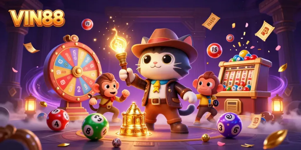 Experience the excitement of VIN88 with vibrant lottery balls and golden casino artifacts in a dynamic 3D scene.