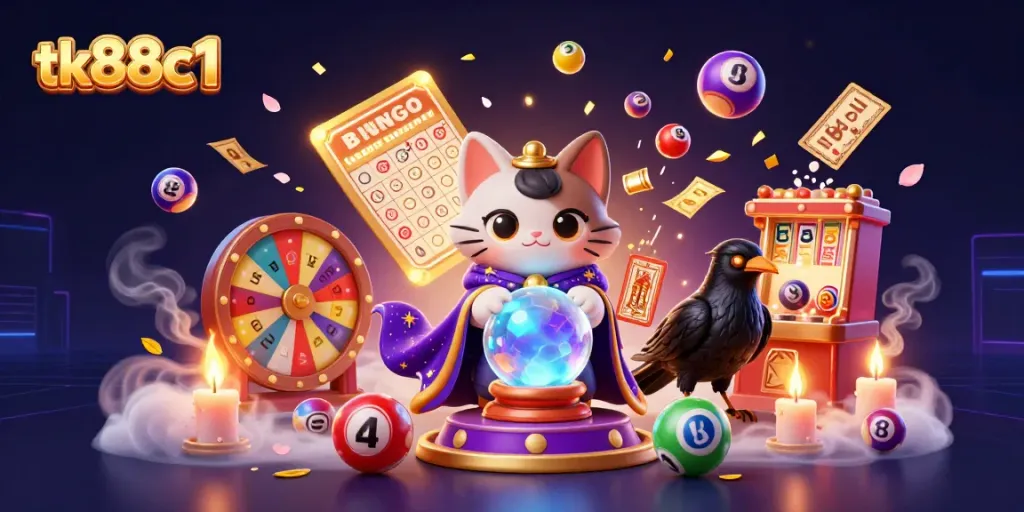 Experience the magic of tk88c1 with a vibrant lottery-themed illustration featuring mystical elements and game excitement.