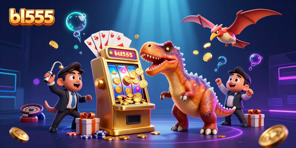Experience the excitement at bl555 as a pachycephalosaurus hits a golden slot machine for jackpot coins.