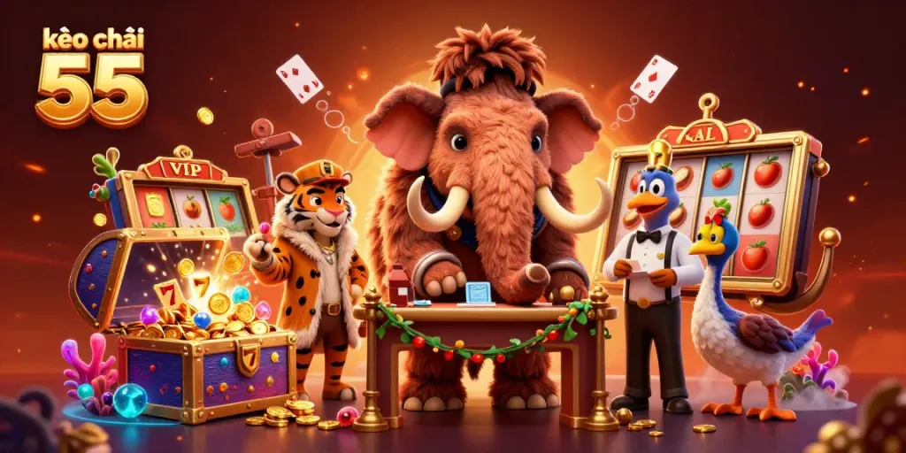 Experience the energy of kèo nhà cái 55 with a vibrant casino scene featuring a mammoth bouncer and a saber-tooth tiger.