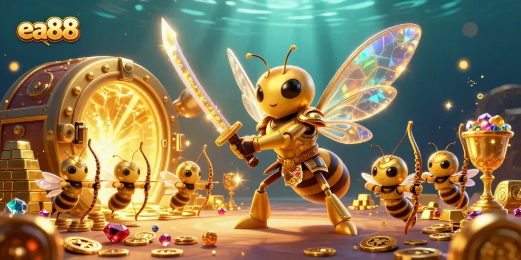 Các nhân vật hoạt hình 3D trong bối cảnh sòng bạc lấp lánh, tạo nên ánh sáng diệu kỳ, không gian vàng rực rỡ ea88.