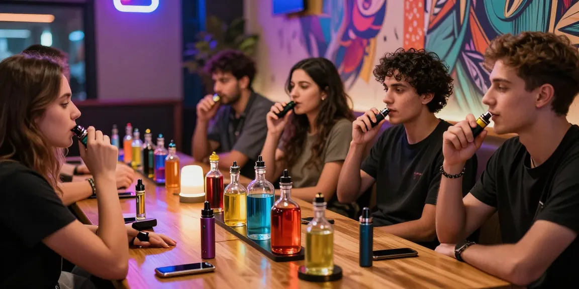 Socializing in a modern vape lounge at 蒸氣天堂 with colorful devices and e-liquids.