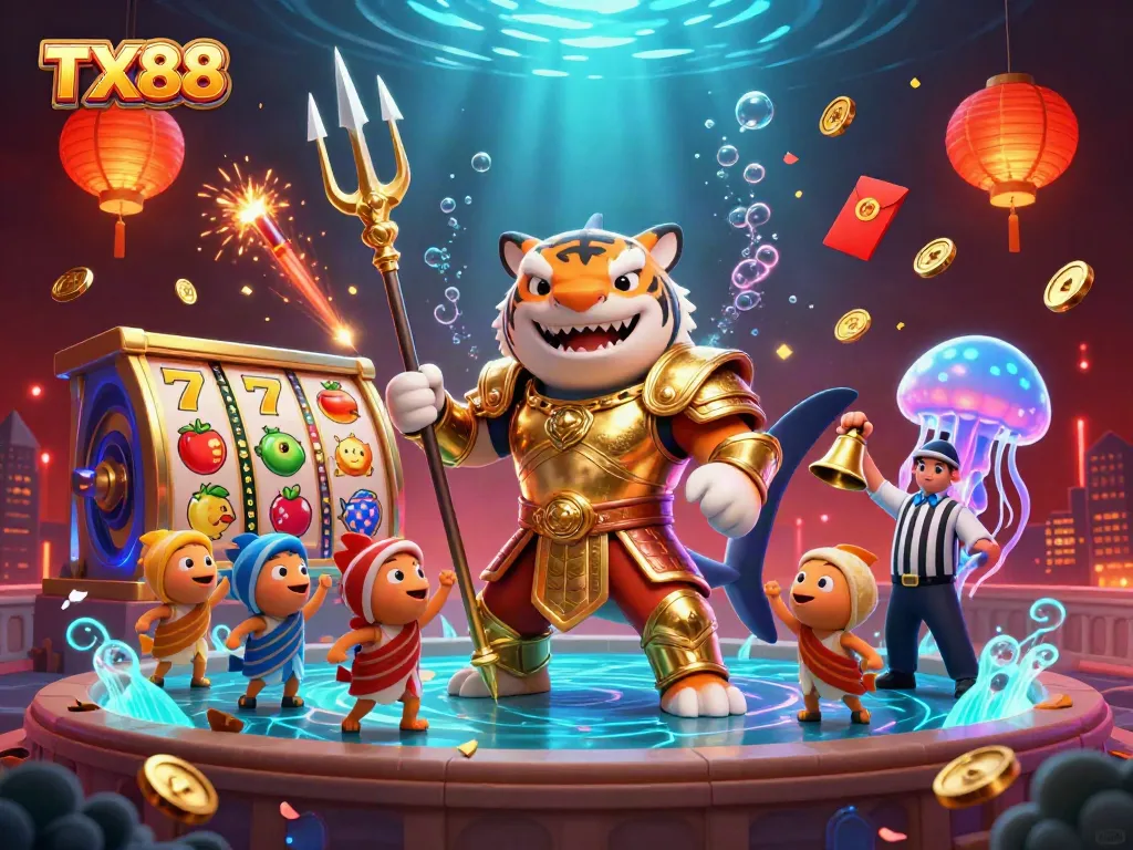 Experience the thrill of TX88 with vibrant slot machines and a fearless gladiator shark!