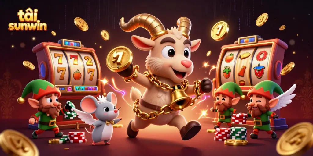 Play and tải sunwin in a vibrant 3D casino scene with festive characters and dynamic game elements.