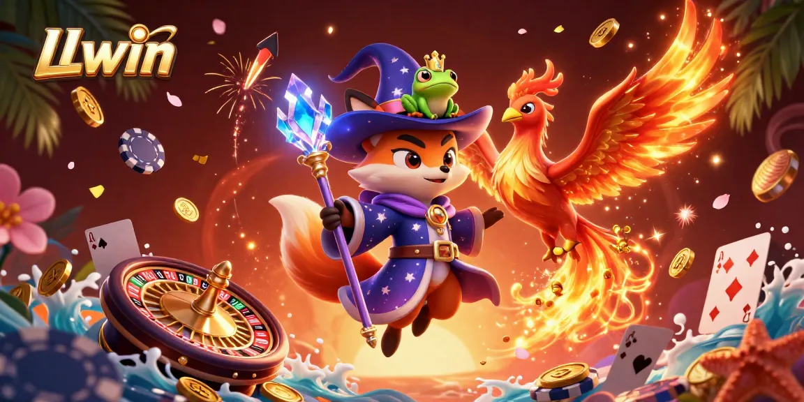 LLwin elevates your gaming with an enchanting 3D experience featuring a wizard fox and vibrant poker elements.