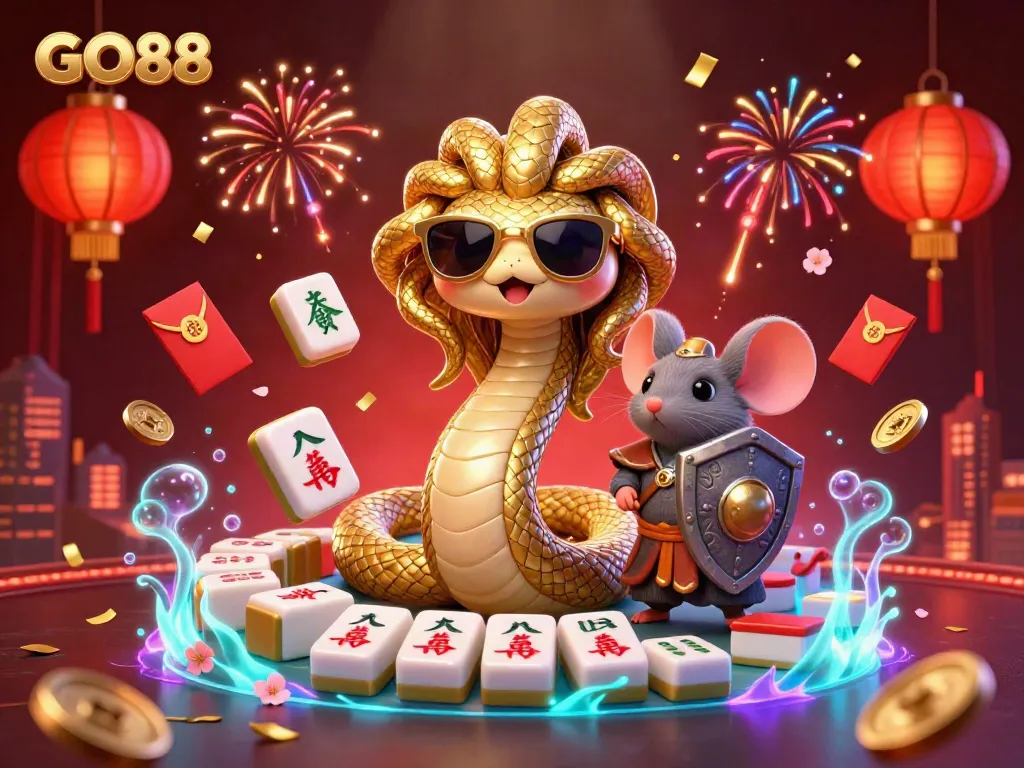 Experience the excitement with GO88 in a dynamic casino-themed illustration featuring Medusa and a warrior mouse.