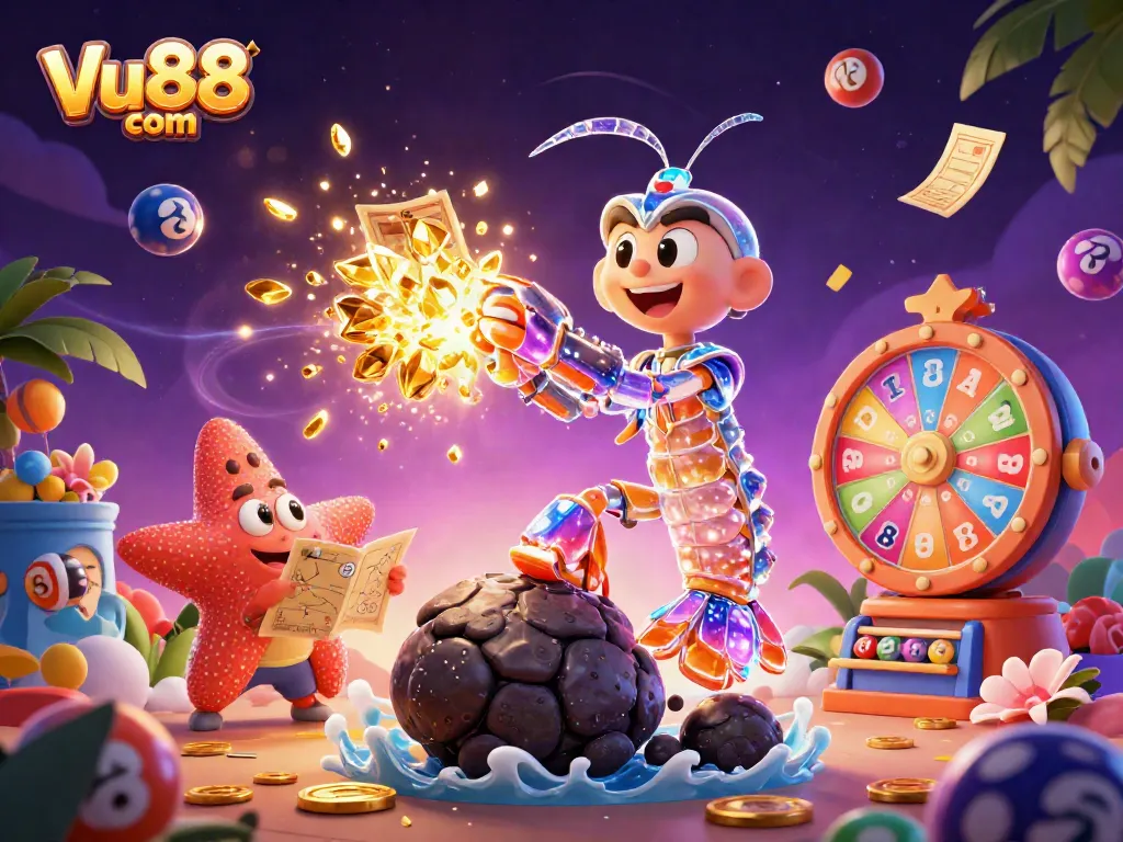 Play exciting games and win rewards at Vu88 com in a vibrant 3D casino illustration.