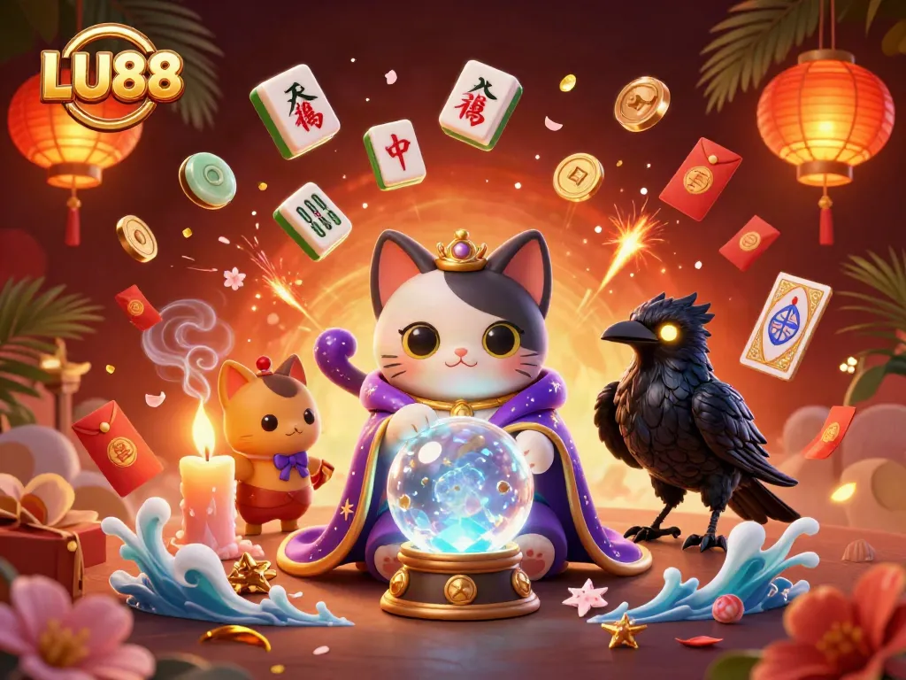 LU88 captivates players with a vibrant 3D casino illustration featuring mystic characters and bursting game elements.