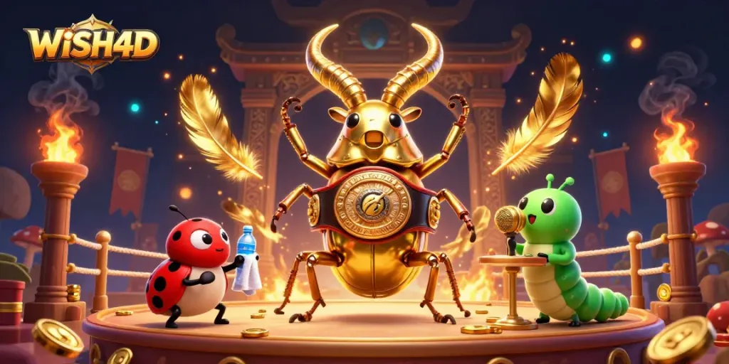 Engage with WISH4D's vibrant gaming action featuring a golden beetle boxing champion amidst coins and ember particles.