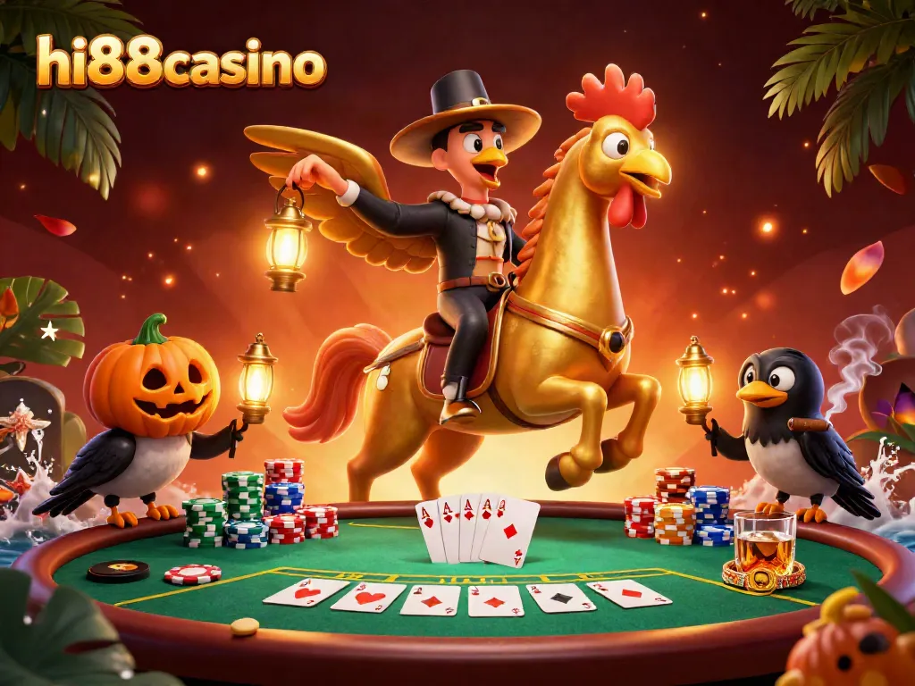 Experience hi88casino's vibrant atmosphere with a golden rooster and casino elements in this 3D illustration.