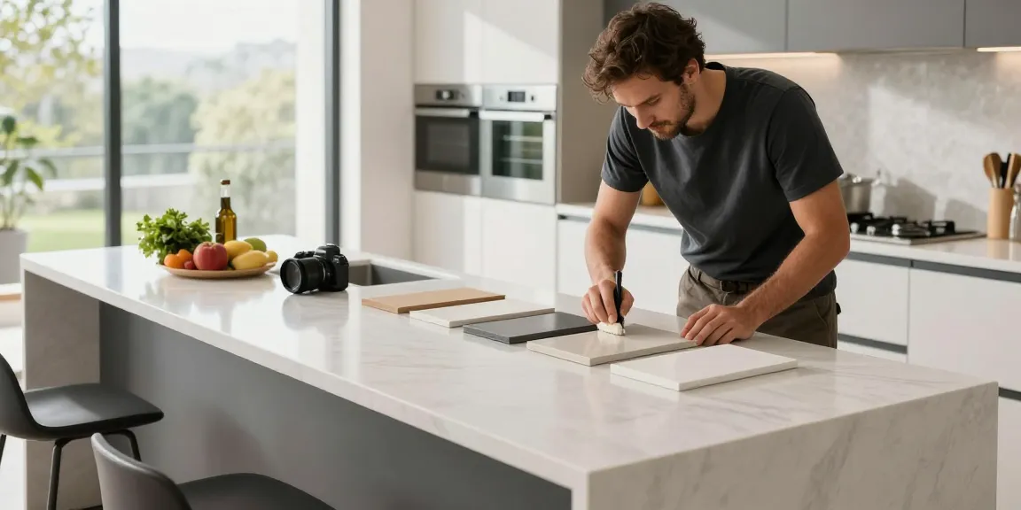 Expert artisan refining a solid surface countertop at a solid surface countertops company, showcasing craftsmanship and design.