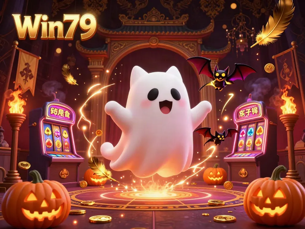 Win79 showcases a ghost cat and vampire bat in a haunted casino, surrounded by glowing poker jack-o-lanterns.