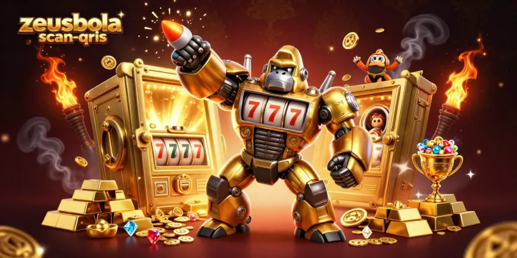 Engage with zeusbola scan qris through an action-packed 3D illustration featuring a golden gorilla mech.