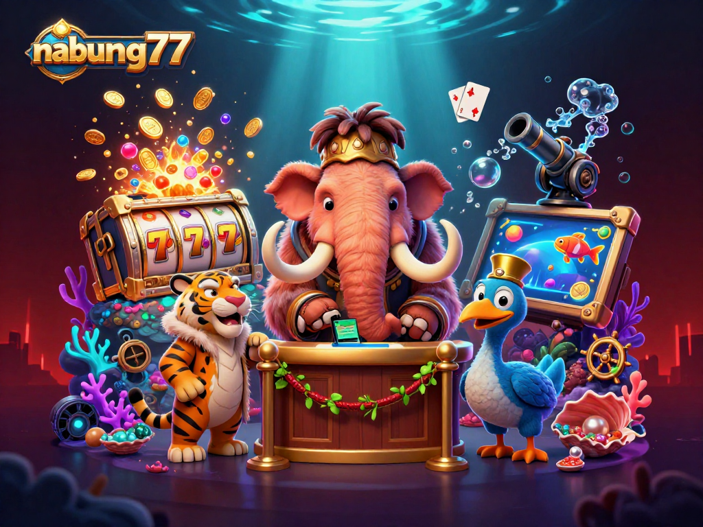 Experience thrilling gameplay with nabung77 at a vibrant casino scene featuring a woolly mammoth bouncer and rich treasures.