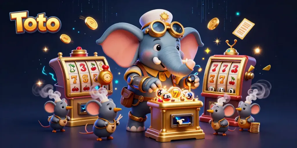 Permainan Toto yang menarik dengan gajah steampunk dan mesin slot penuh simbol keberuntungan