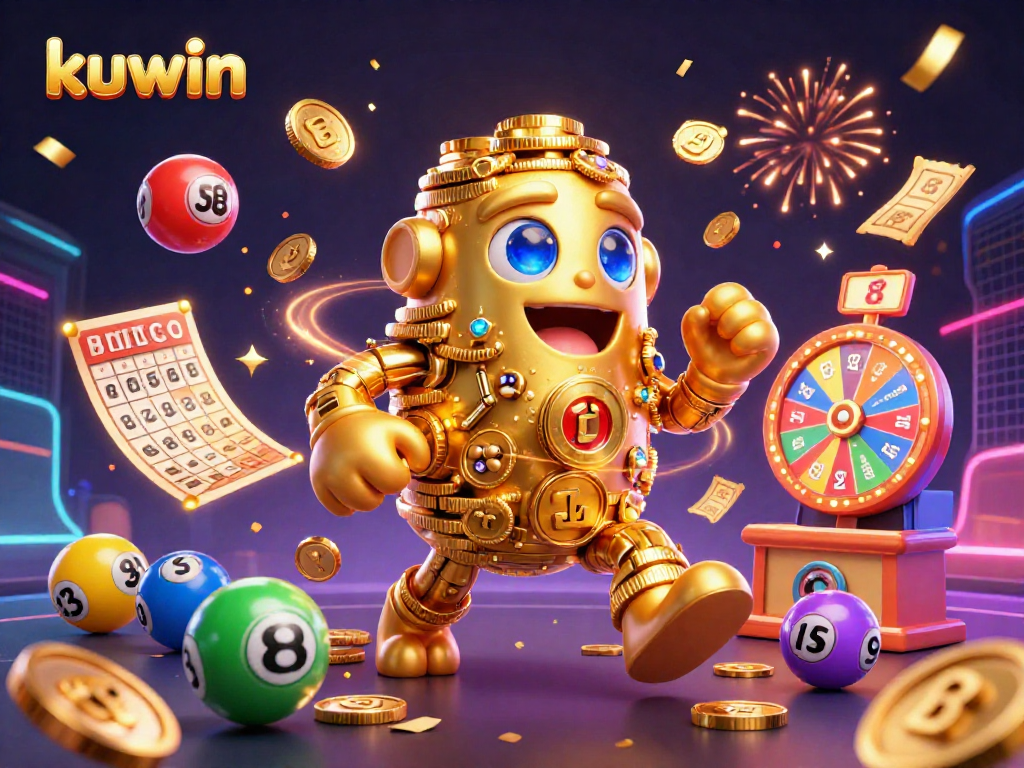 Kuwin's golden golem spins colorful lottery elements, showcasing excitement and winnings at the casino.