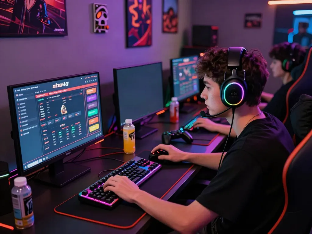 Online gaming enthusiast engaging with ahha4d platform, surrounded by vibrant lights and gaming gear.