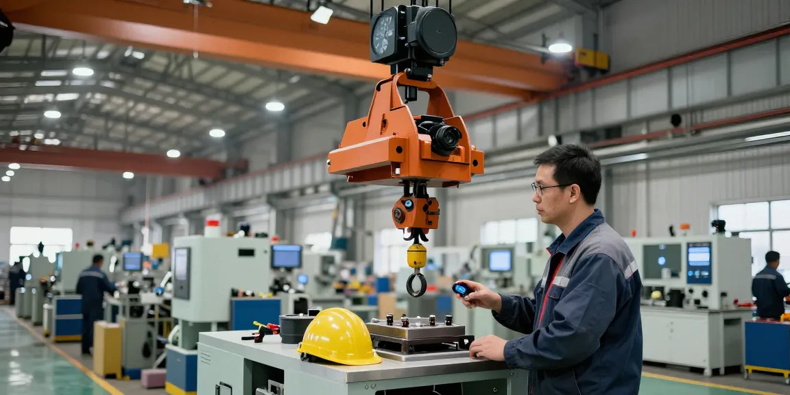 Overhead crane manufacturer quality inspection in a bustling factory workshop.