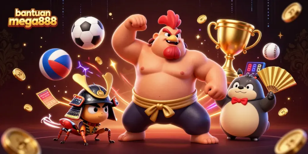 Illustration of bantuan mega888 showcasing a powerful sumo rooster, a fierce cricket, and a tanuki announcer in a dynamic casino scene
