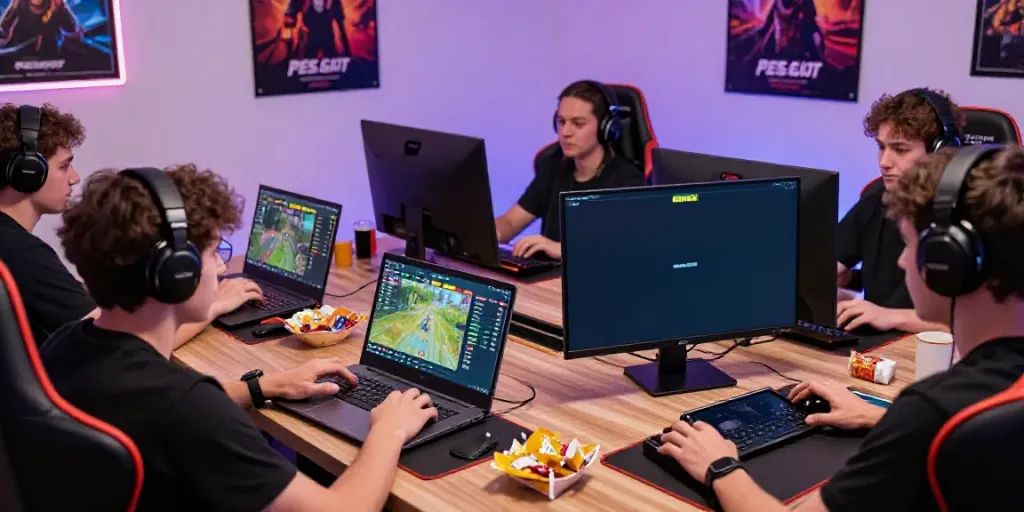 PESGslot gaming scene with players engaged on laptops and tablets in a vibrant room.