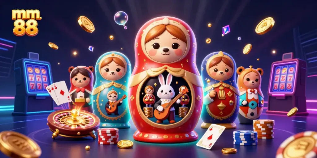 Experience the excitement of mm 88 with cartoon bears revealing casino games in a dynamic 3D illustration.