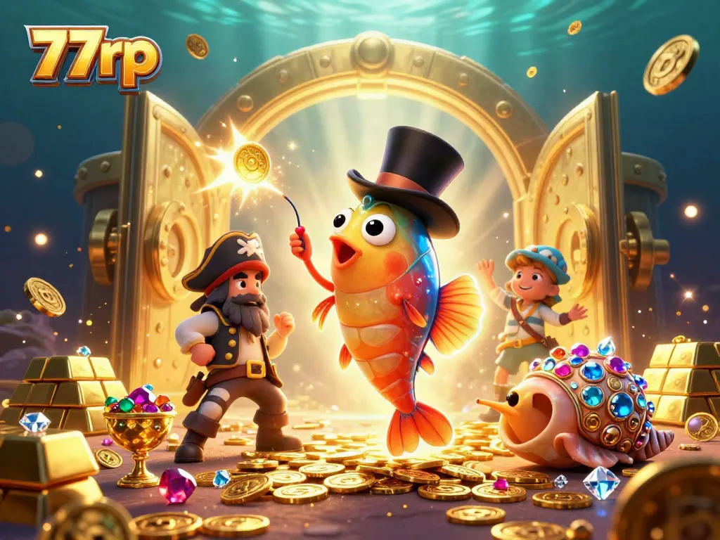 77rp casino scene featuring a cartoon anglerfish, shrimp, and sea snail surrounded by gold and gems