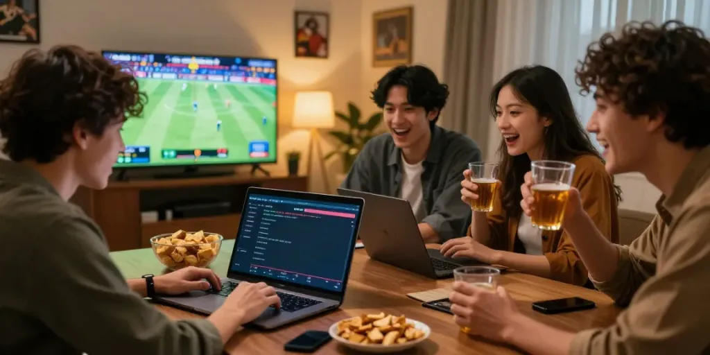 DewaGG online betting excitement with friends analyzing game stats and enjoying the atmosphere.