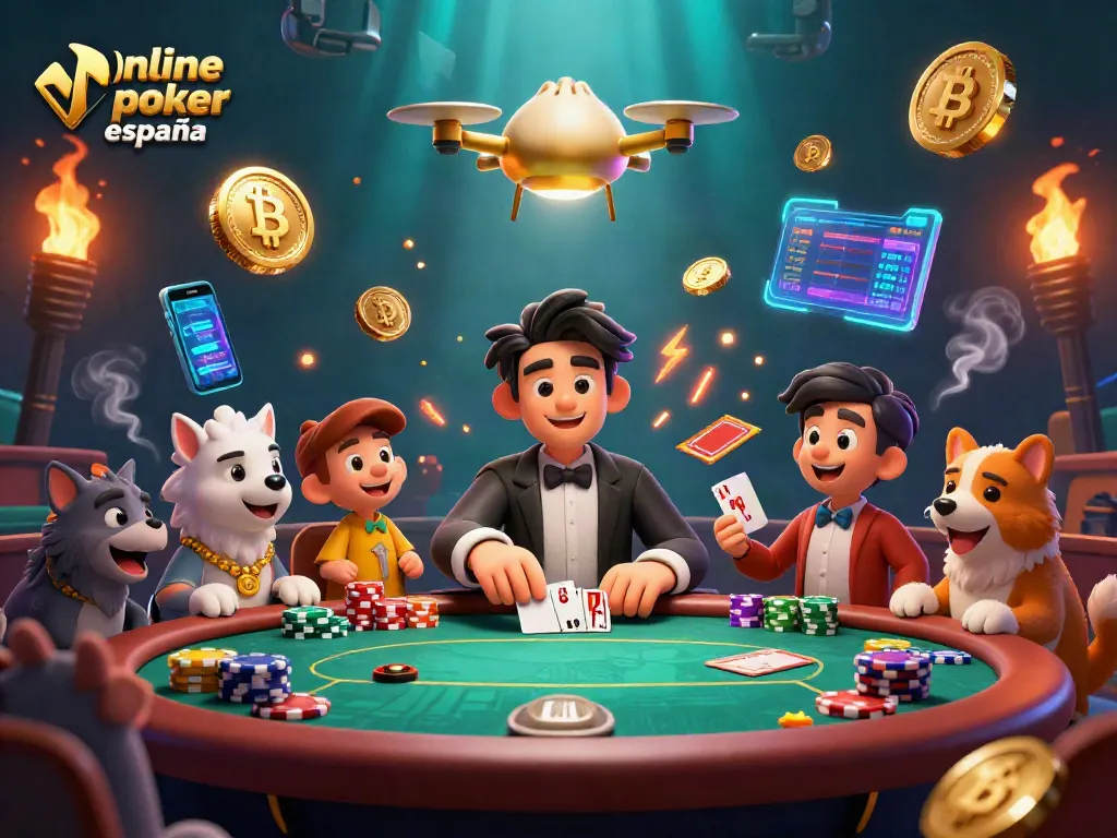 Juega poker online España en una mesa animada con elementos vibrantes y espectáculos dinámicos.
