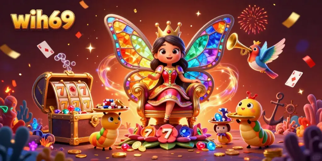 Slot dan chip emas di tengah ratu kupu-kupu 3D wih69 yang megah pada ilustrasi kasino digital.