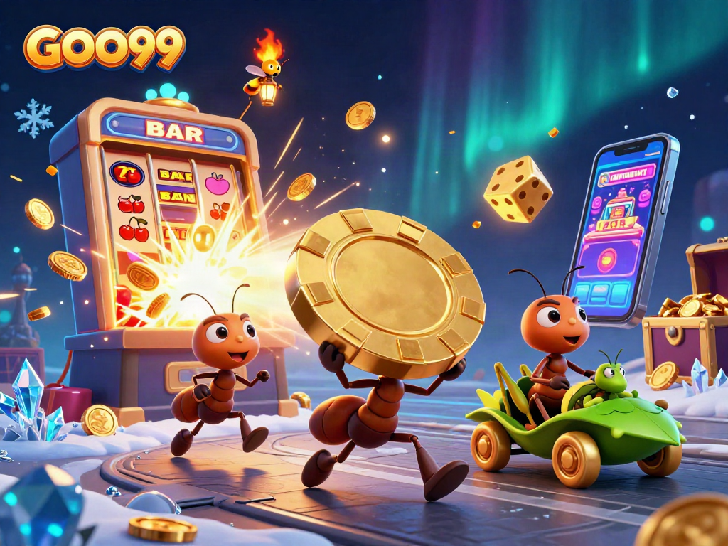 Join the heist with GOO99's playful ants stealing a giant poker chip in a vibrant casino scene.