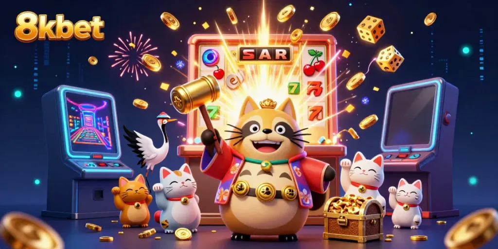 Experience the vibrant world of 8xbet with a playful tanuki and lucky symbols in a casino scene.