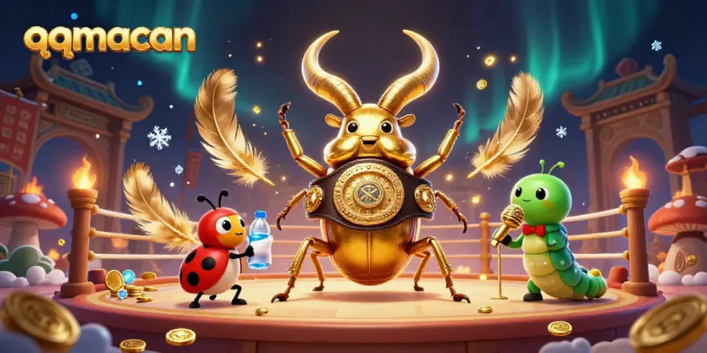 Engage with qqmacan in a dynamic 3D casino scene featuring a giant golden stag beetle boxing champion.