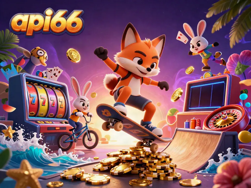 Experience exhilarating casino action with api66 as a cartoon fox skateboards over poker chips.