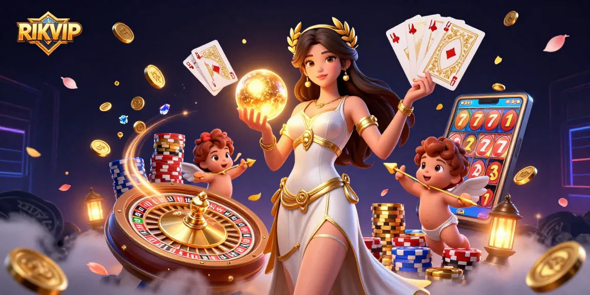 Experience winning moments with RIKVIP in this vibrant casino-themed illustration.